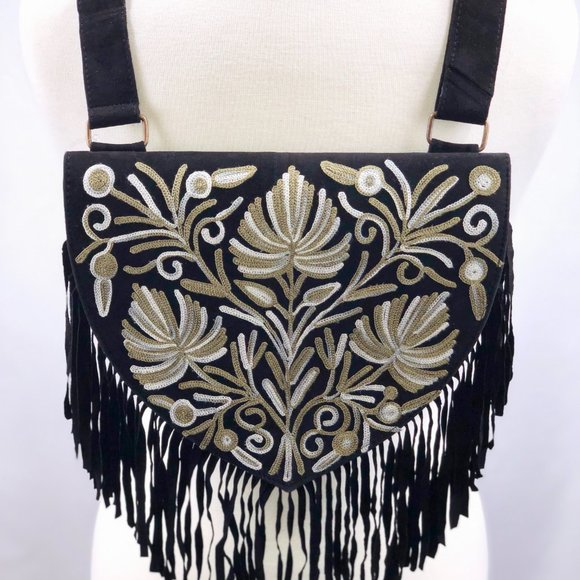 Black and Olive Suede Fringed Crossbody Bag - Picture 1 of 4